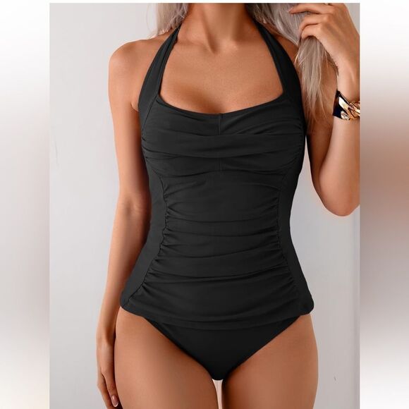 Eomenie Womens Halter Tankini Ruched Tummy Control Two Piece Swimsuit NWT - Picture 1 of 11